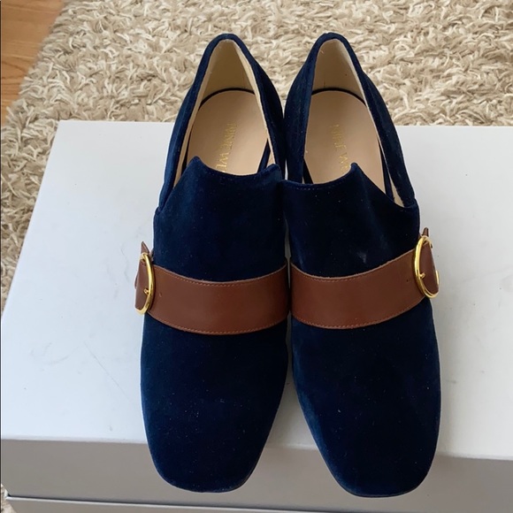 NEW velvet Blue Chunky Heels - Picture 2 of 4